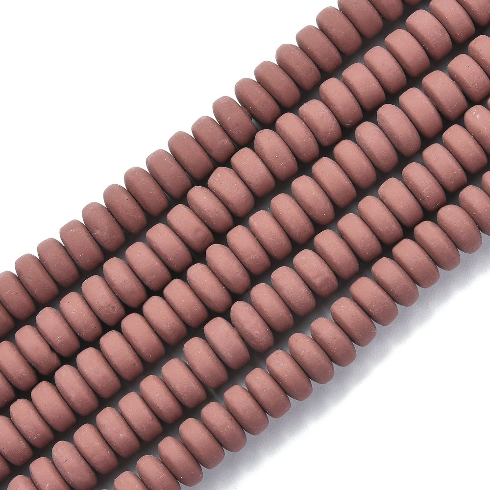 Flat round polymer clay beads strand, saddle brown side-by-side