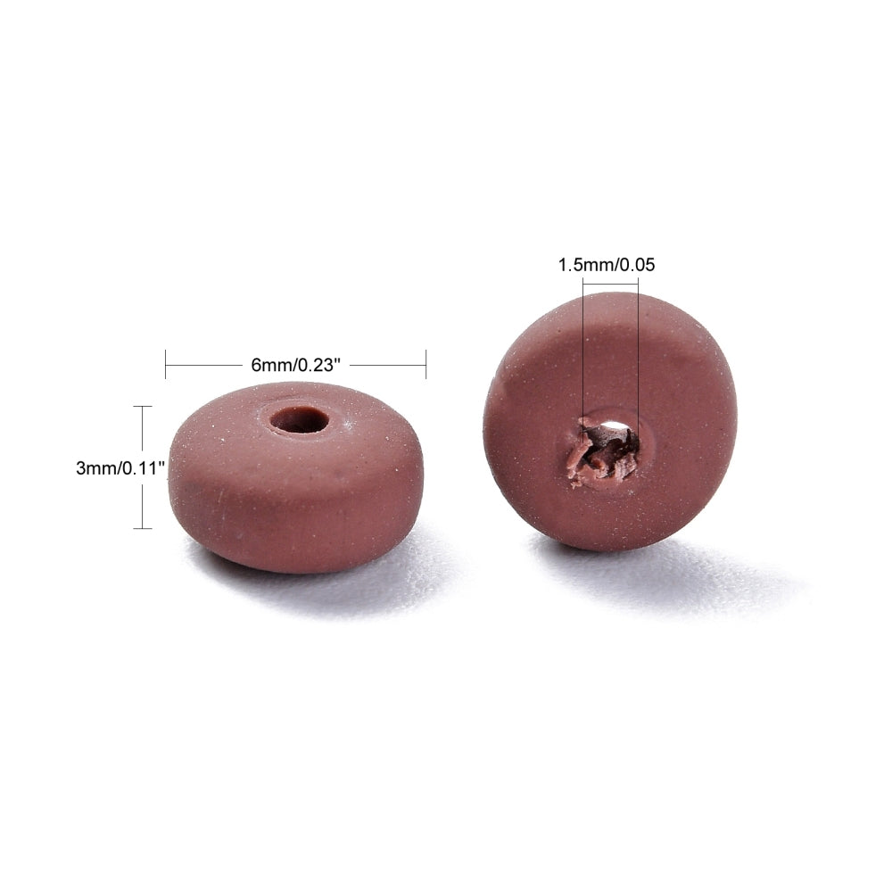 Saddle brown flat round polymer clay bead pair with drilled hole