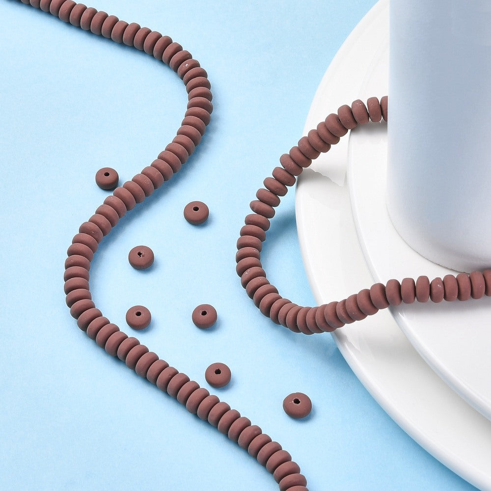 Saddle brown flat round polymer clay beads strand with loose beads