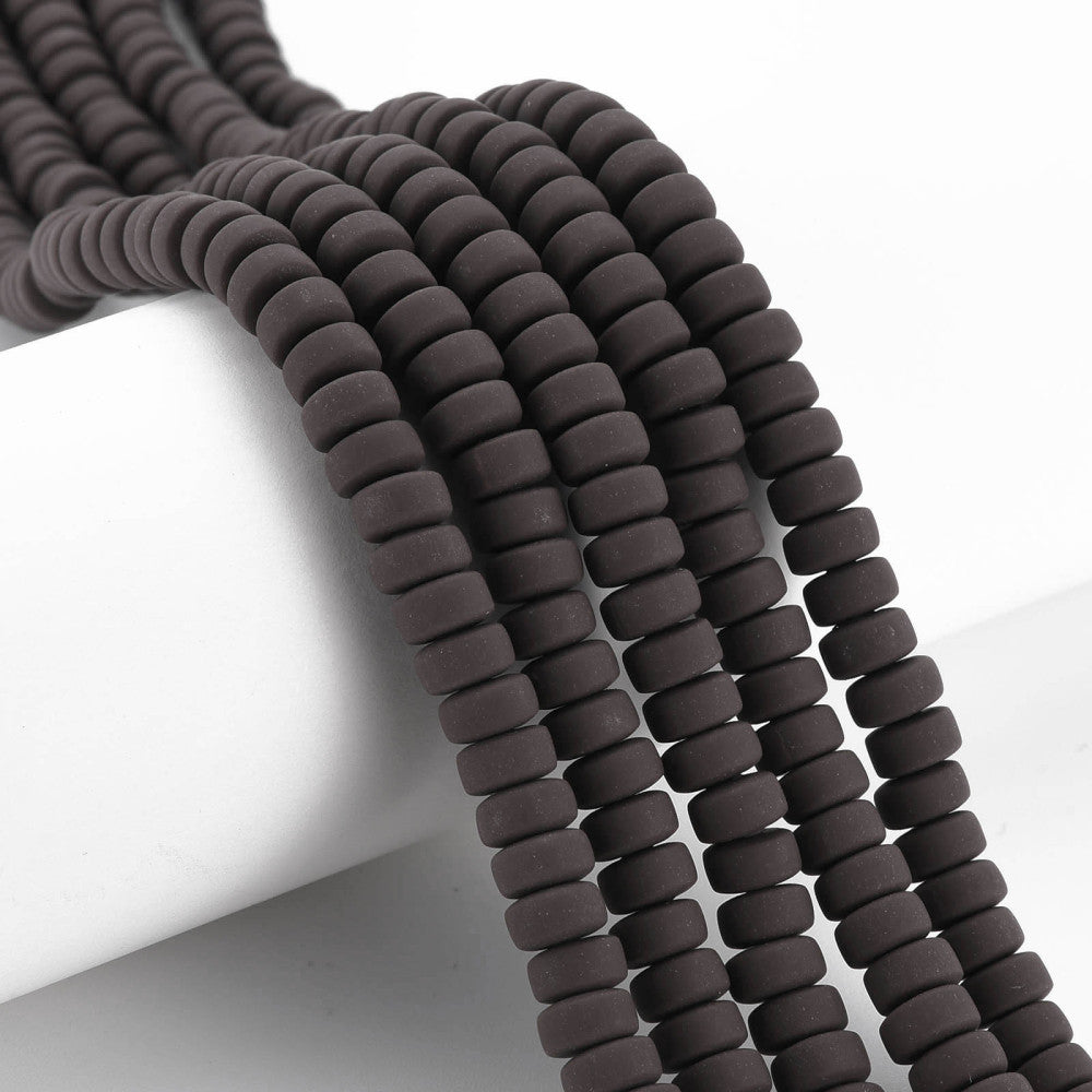 Flat round polymer clay beads strand, dark brown, smooth matte finish