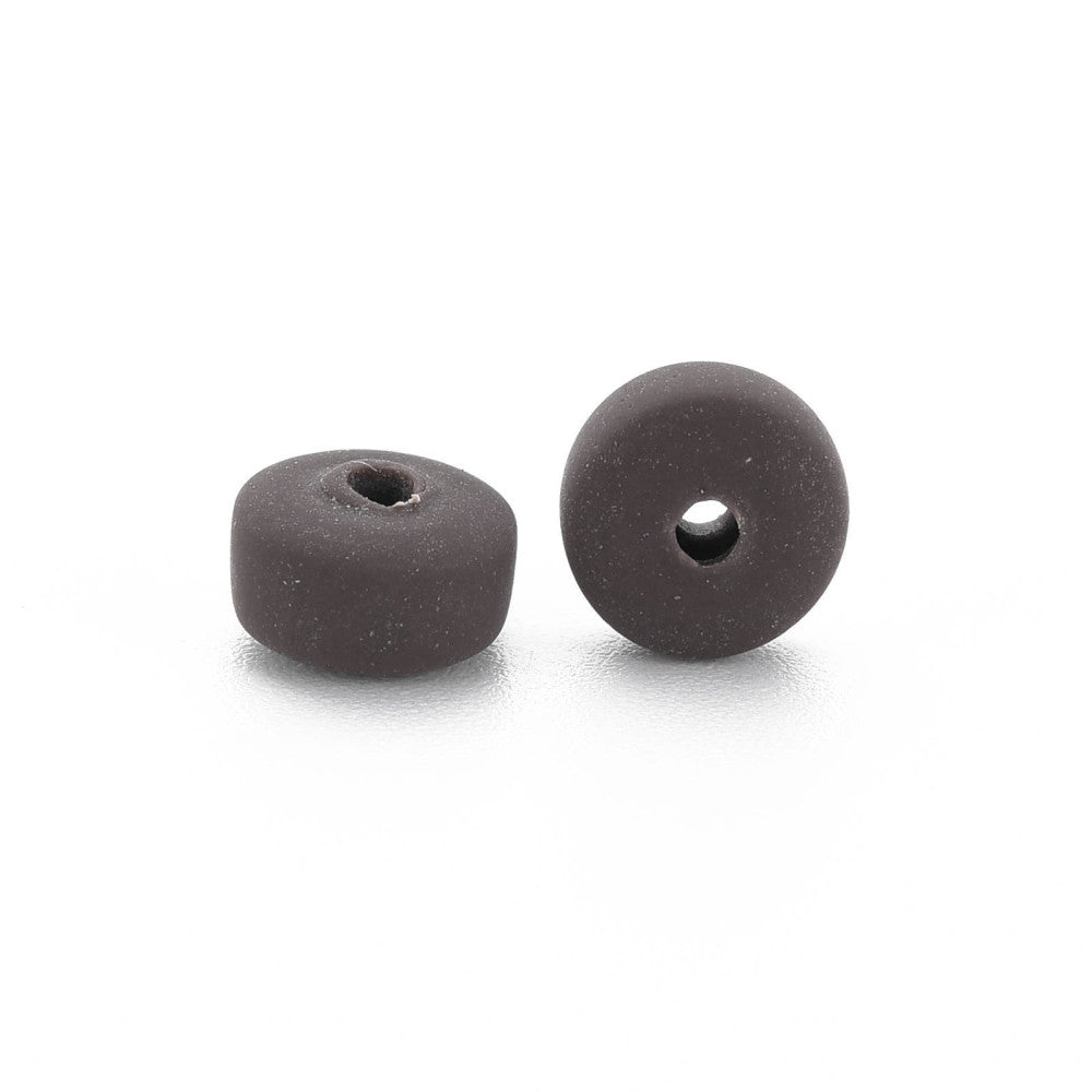 Two flat round dark brown polymer clay beads with drilled holes
