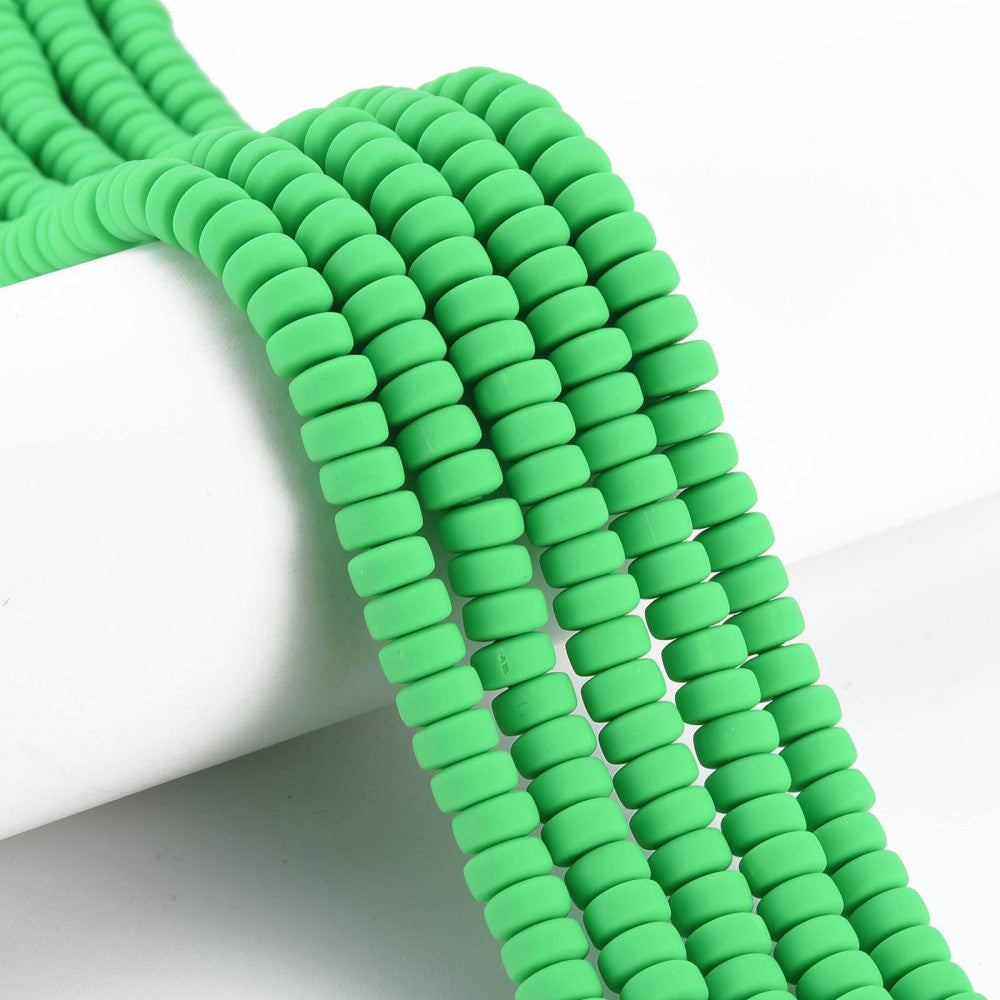 Lime green flat round polymer clay bead strand, smooth ridged discs, strung loop