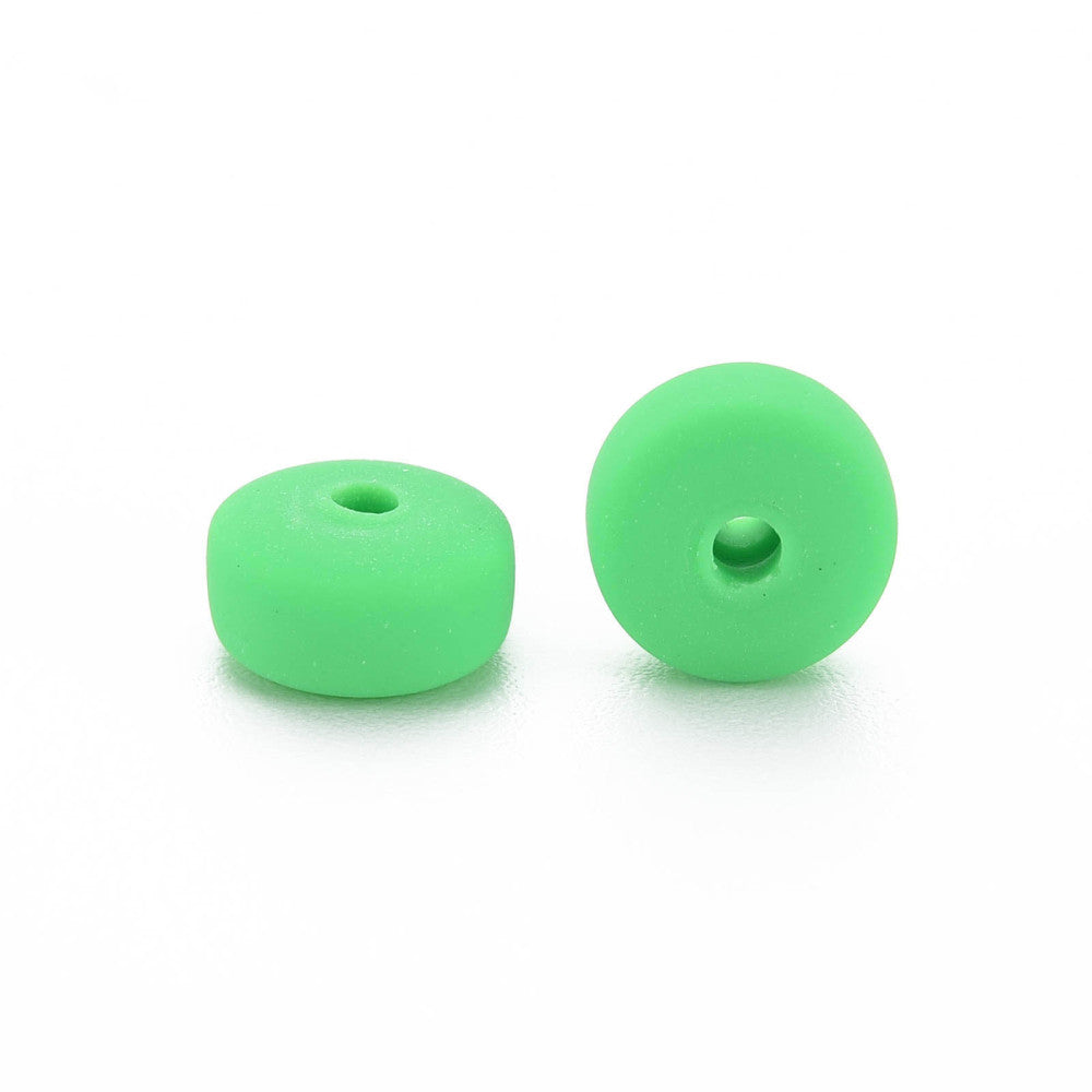 Lime green flat round polymer clay beads, two pieces with small center holes