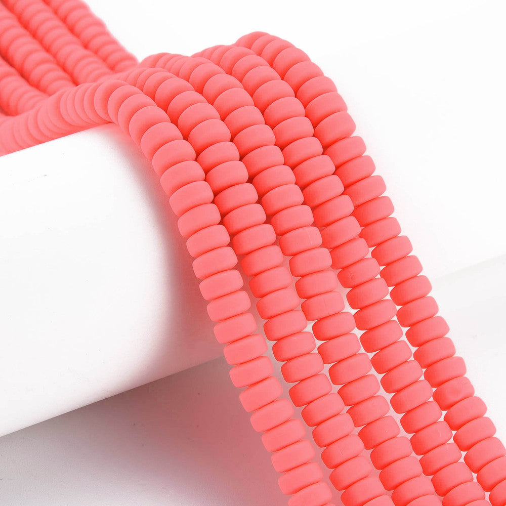 Flat round polymer clay beads strand in tomato red, small stacked discs with holes
