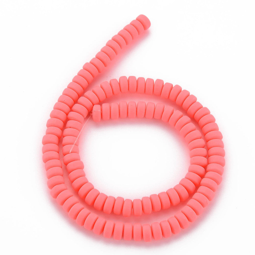 Flat round polymer clay bead loop in tomato red, small flat discs with center holes