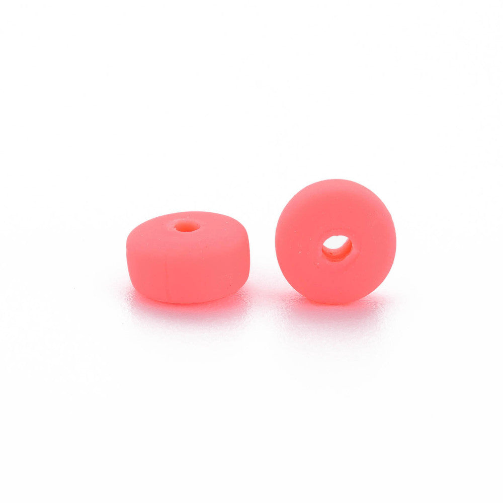 Flat round polymer clay beads in tomato red, small rounds with center holes