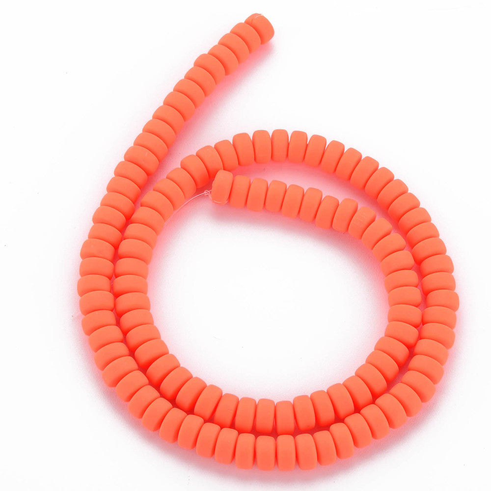 Orange-red flat round polymer clay bead strand formed into a loop