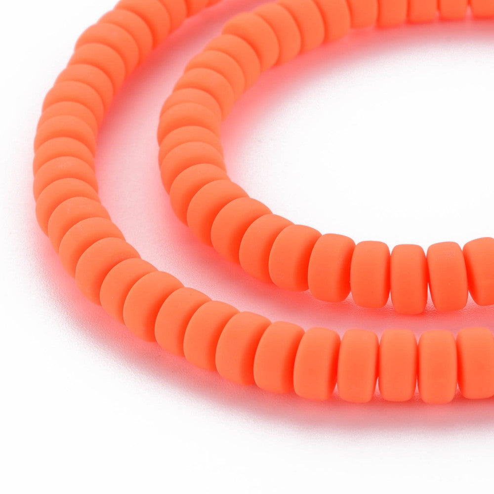 Orange-red flat round polymer clay beads in a double-strand overlap