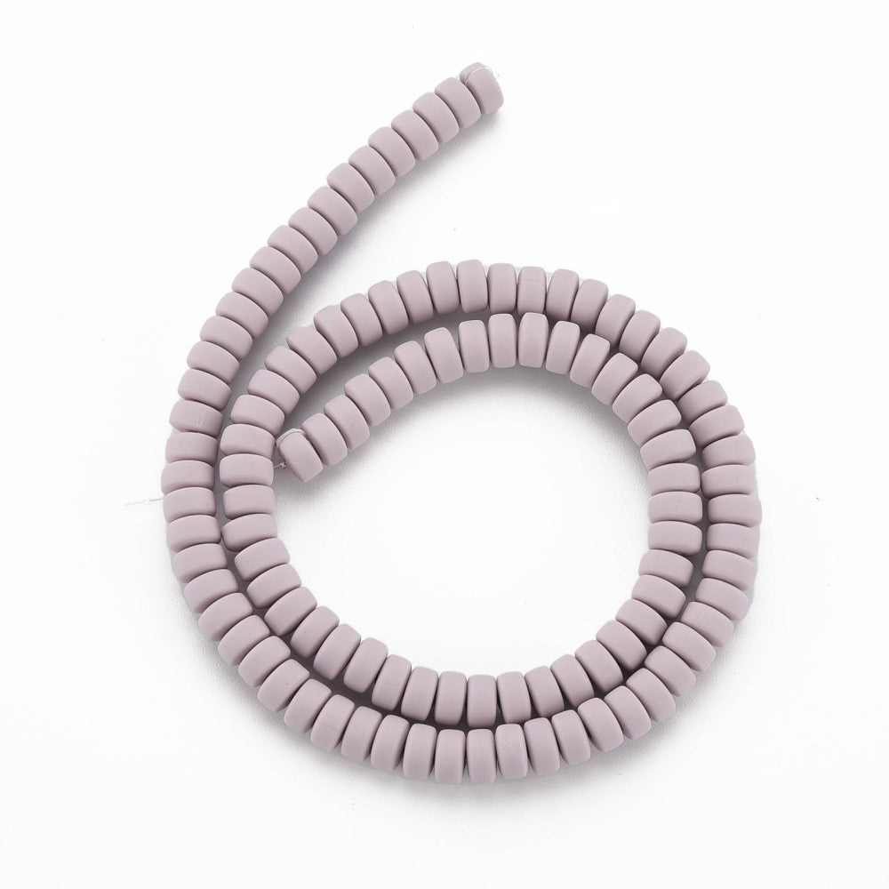 Polymer clay bead strand loop, flat round lavender-pink beads with ridged edges