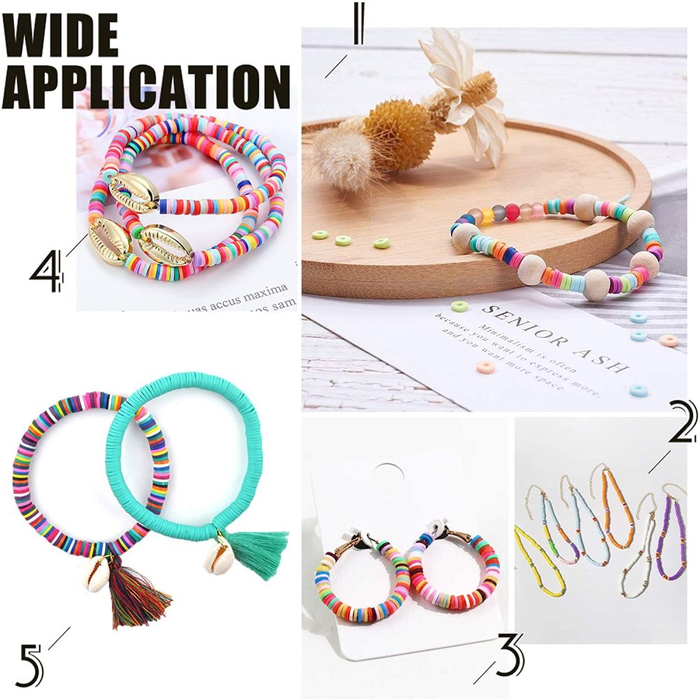 Colorful heishi bead bracelets in blue, pink, and red tones, shown in pairs