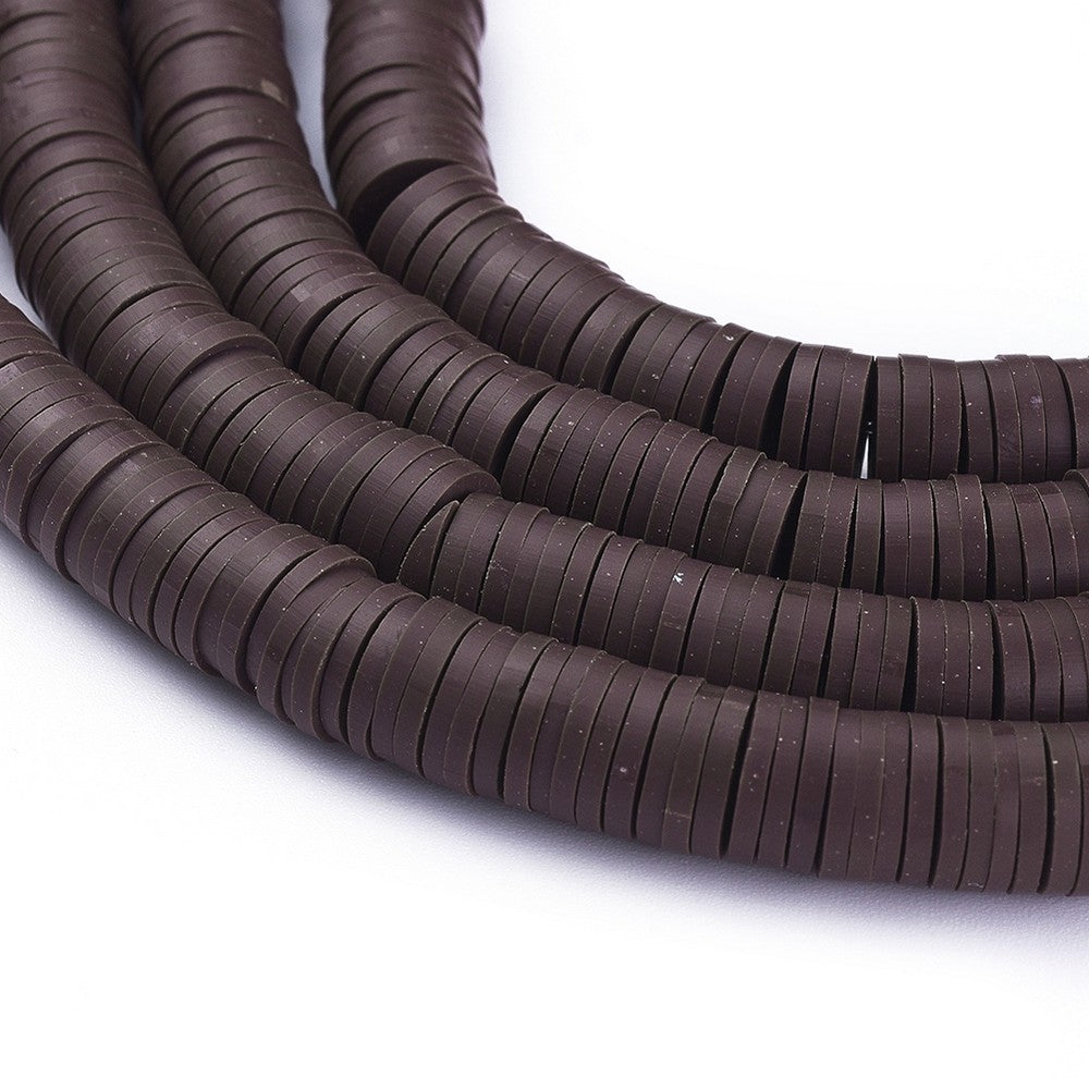 Dark brown flat round polymer clay bead spacers, detailed center holes on a strand