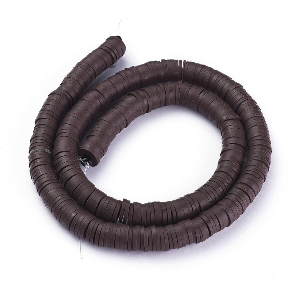 Dark brown flat round polymer clay bead spacer strand, visible center holes