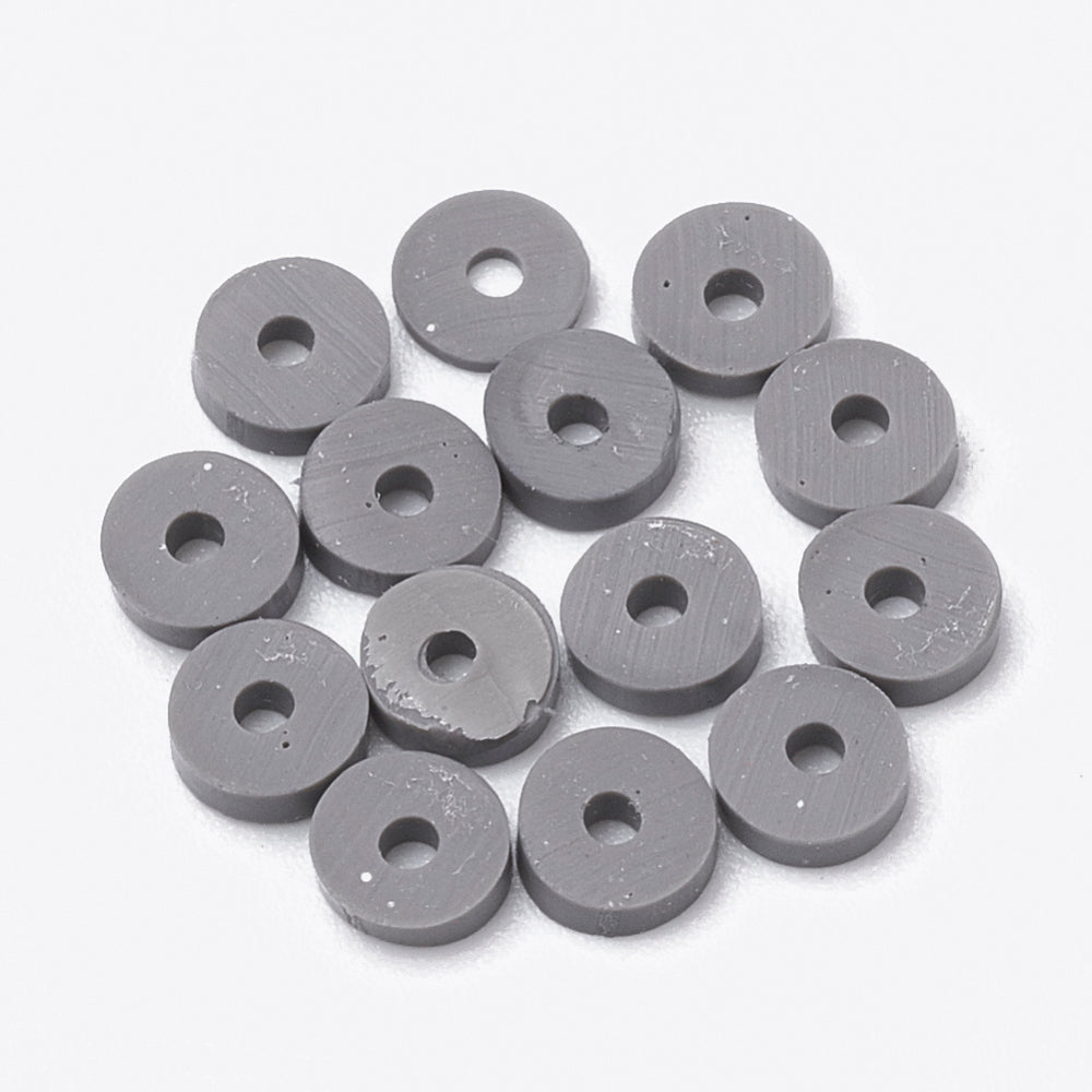 Gray heishi disc beads with 1mm holes, flat round polymer clay beads