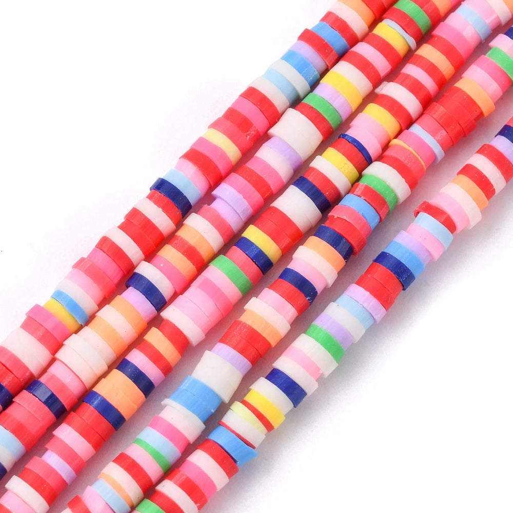 Flat round heishi beads strand, mixed pastel and bright stripes on polymer clay