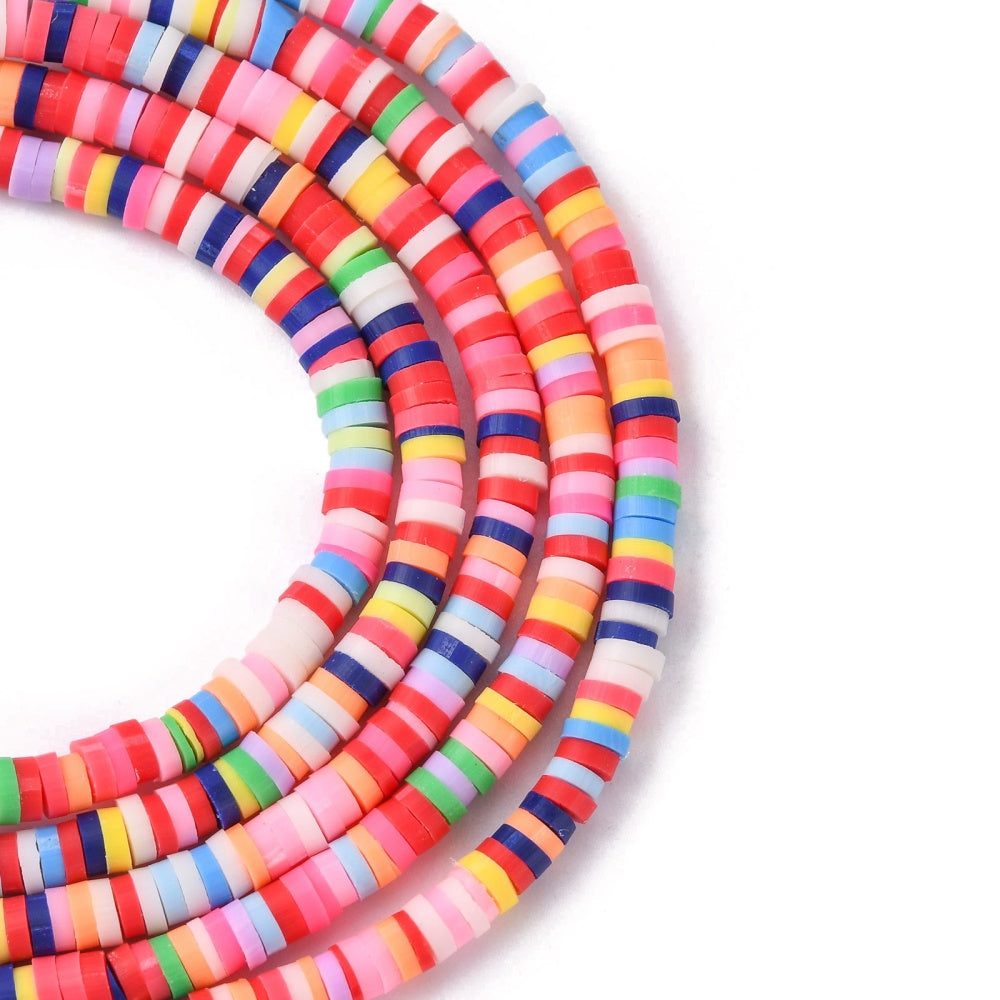 Flat round heishi beads strand, multi-color striped flat discs with center holes