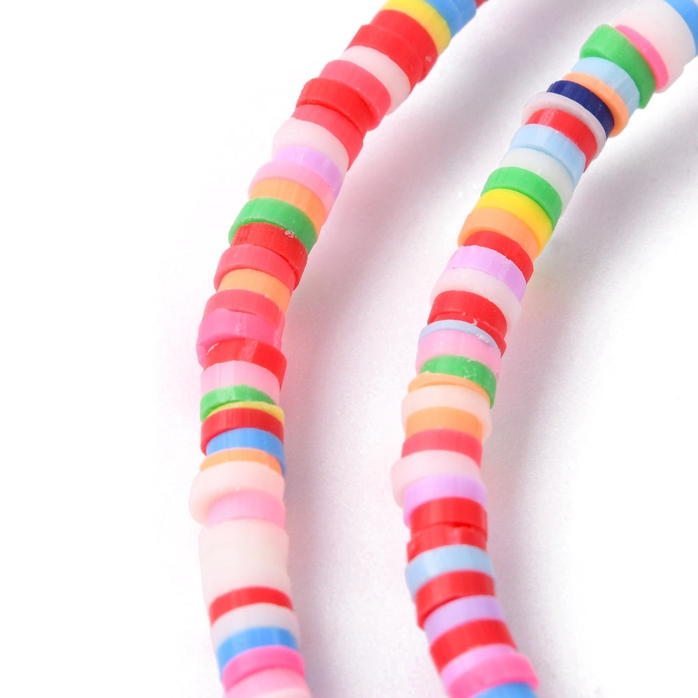 Flat round heishi beads strand, bright striped discs with visible drilled holes