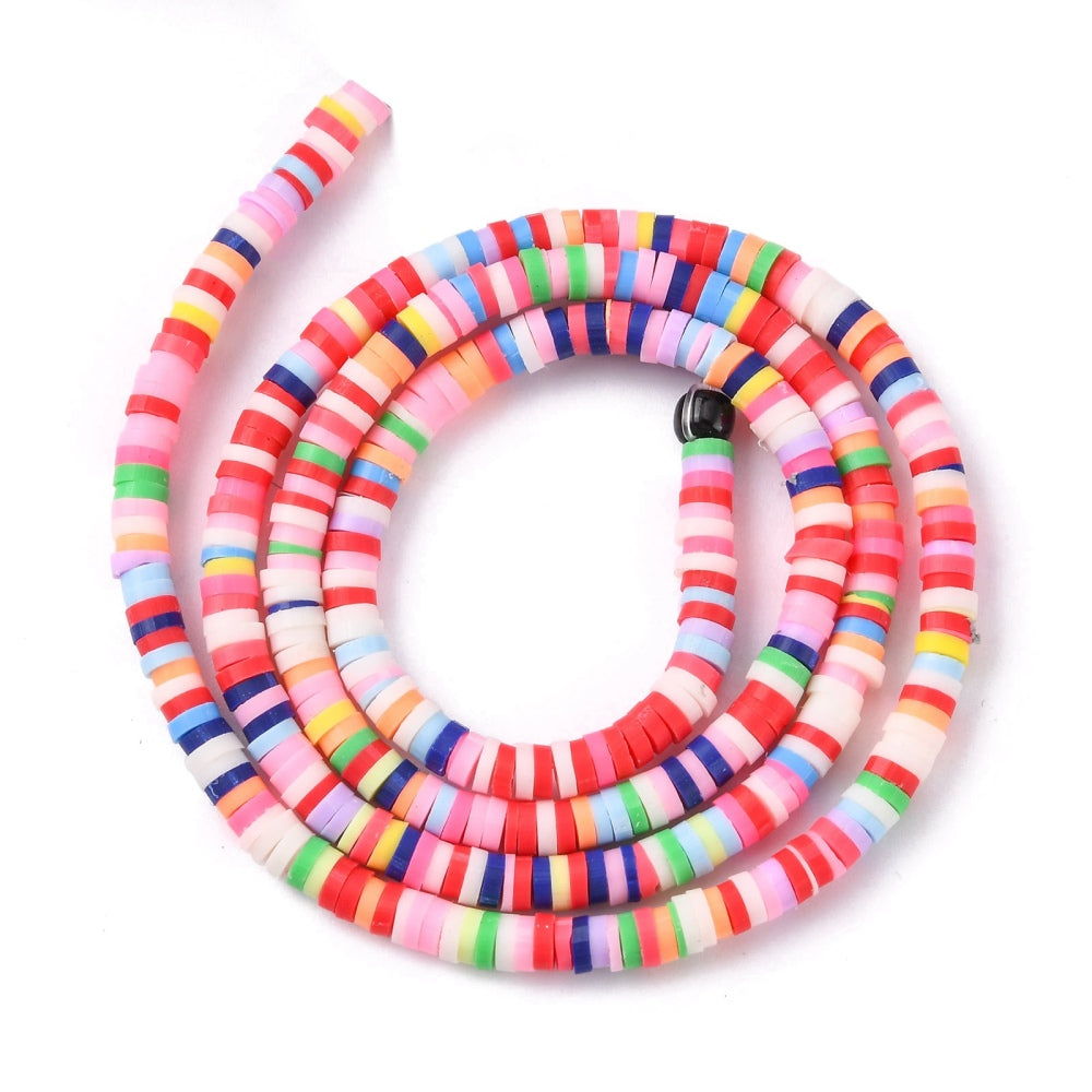 Flat round heishi beads strand, coiled mixed-color striped discs with center hole