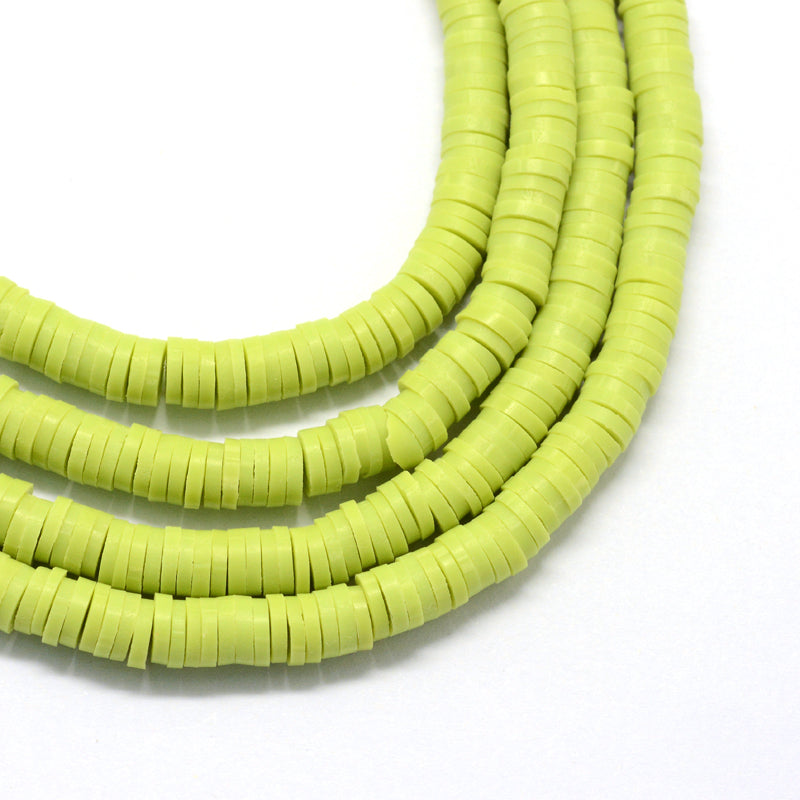 Green-yellow polymer clay heishi disc beads strand, small round flat discs