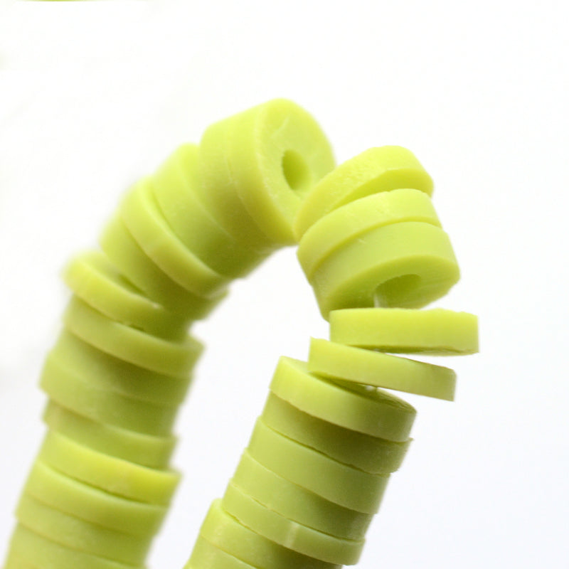 Green-yellow polymer clay heishi disc beads, small flat round discs with holes