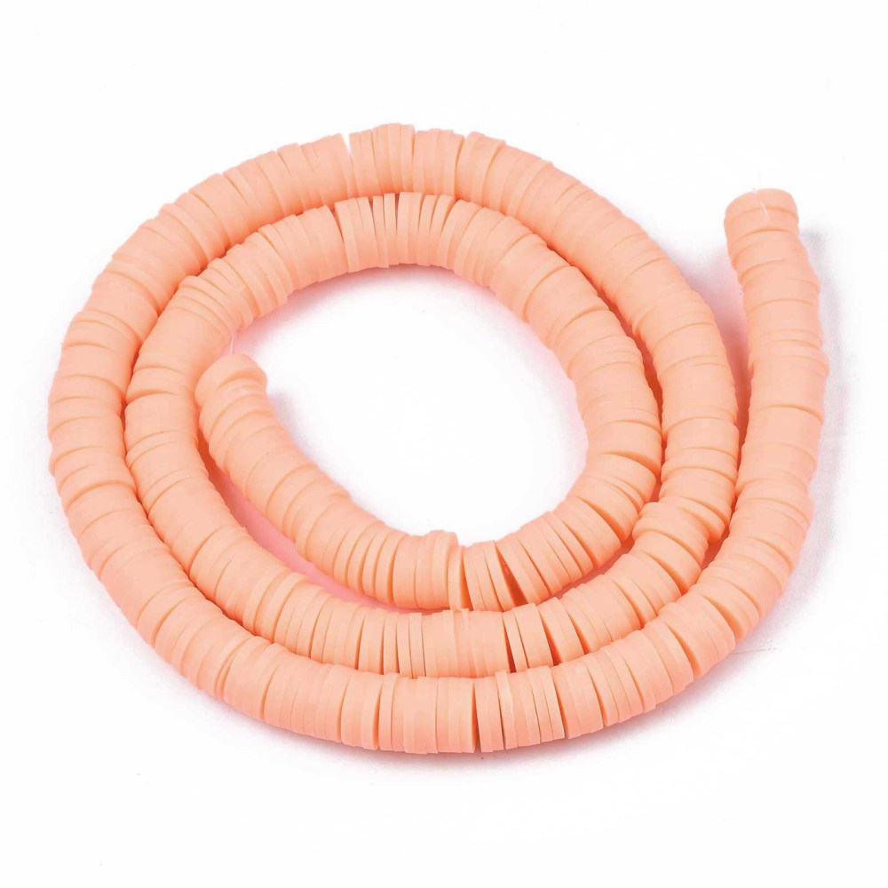 Light salmon heishi disc beads strand with small center holes, looped for display