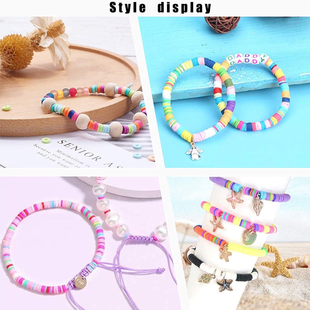 Colorful heishi disc bead strands and bracelets in multi-color polymer clay beads, styled.