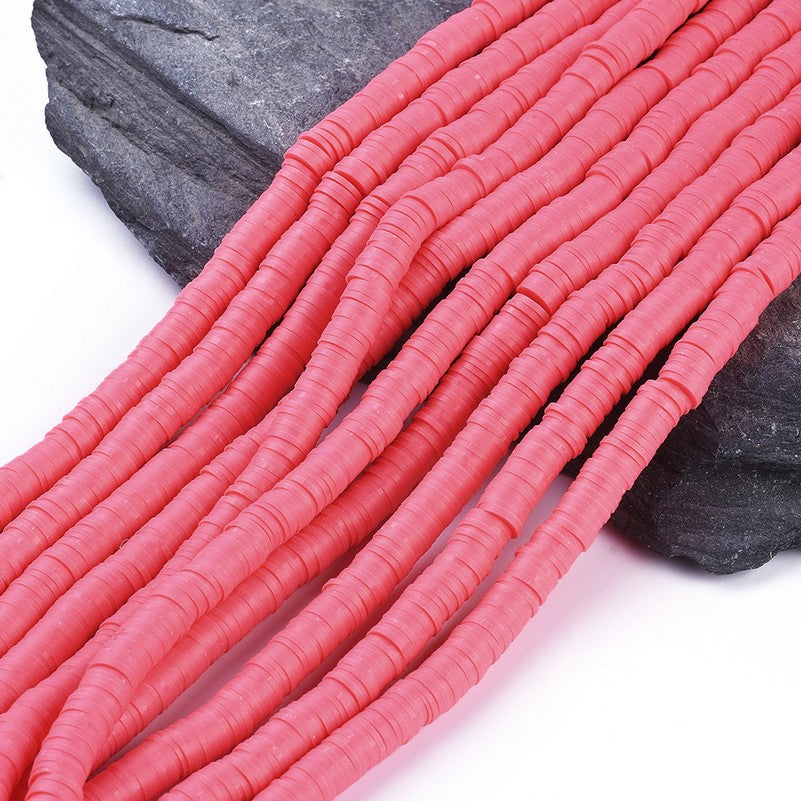 Handmade polymer clay heishi disc beads strand in salmon pink, small round beads