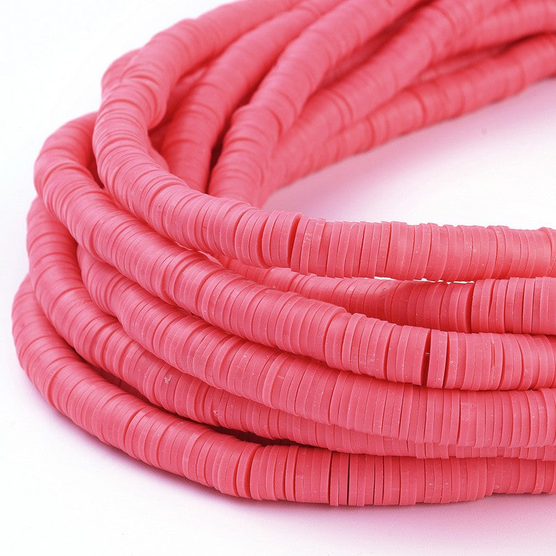 Handmade polymer clay heishi disc beads strand, salmon pink round discs with ridges
