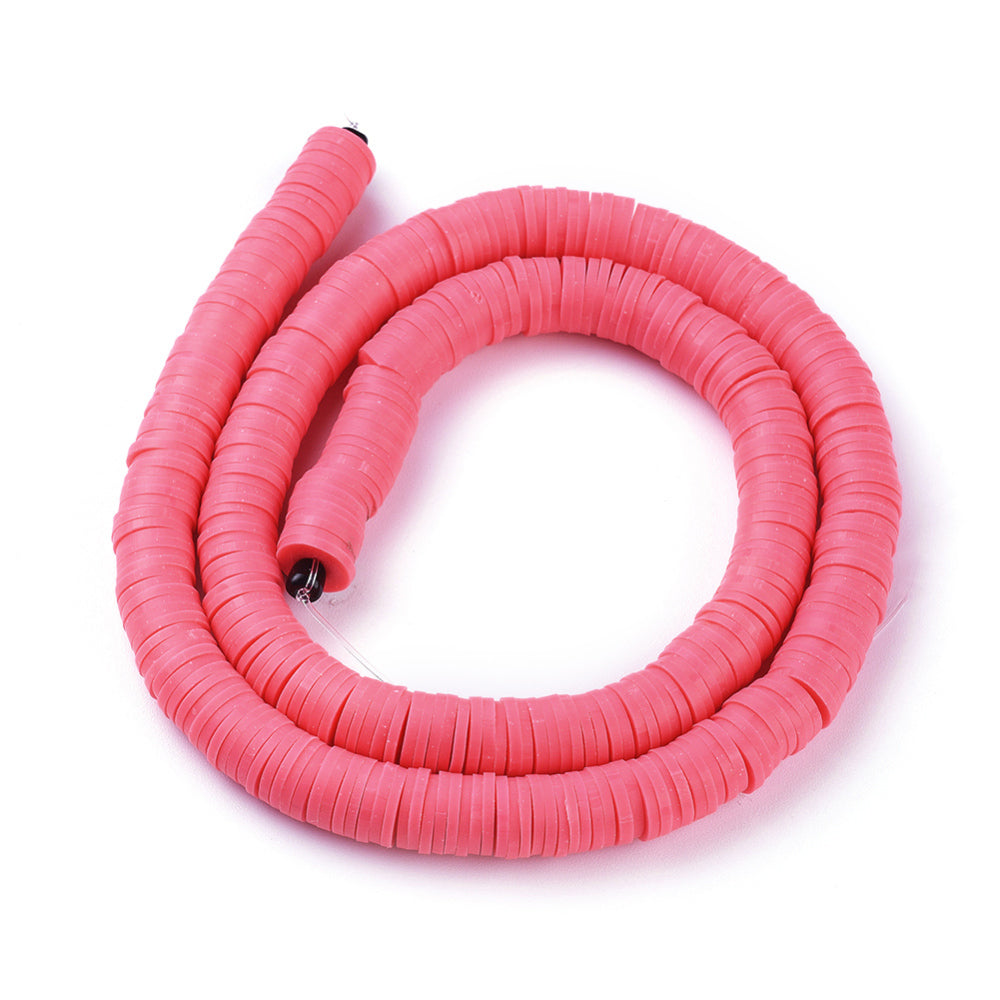 Handmade polymer clay heishi disc beads strand, salmon pink coiled loop of small discs