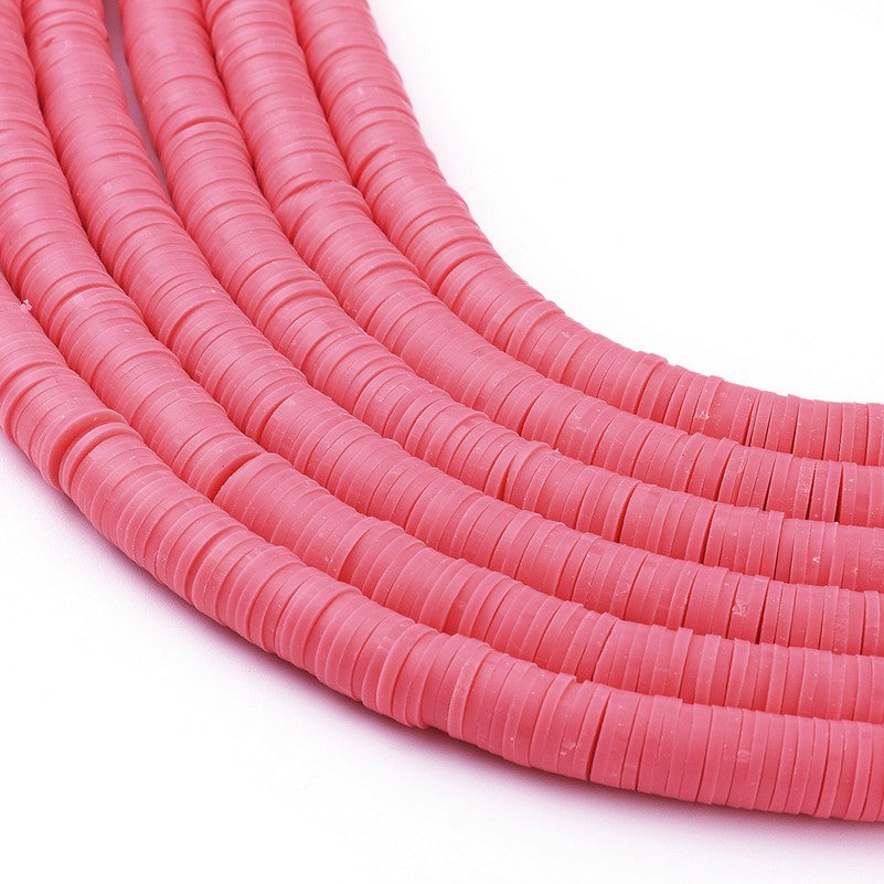 Handmade polymer clay heishi disc beads, salmon pink round discs in a smooth strand