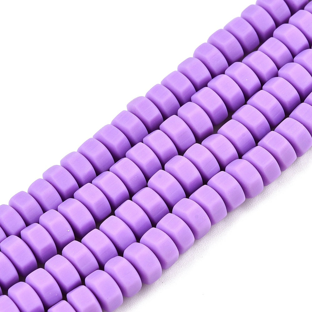 Purple hexagon polymer clay beads strand, small square-cut edges and central hole