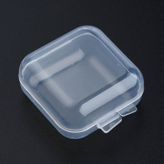 Clear plastic bead storage container with hinged lid and snap latch