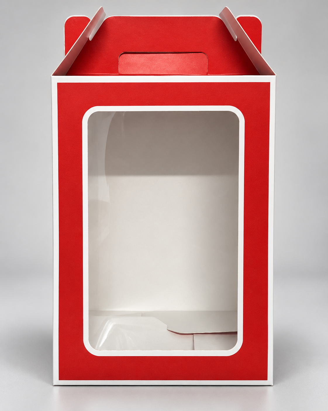 Red gift box with clear window, open top flaps and side handles