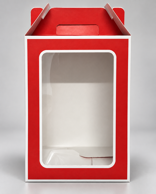 Red gift box with clear window, open top flaps and side handles