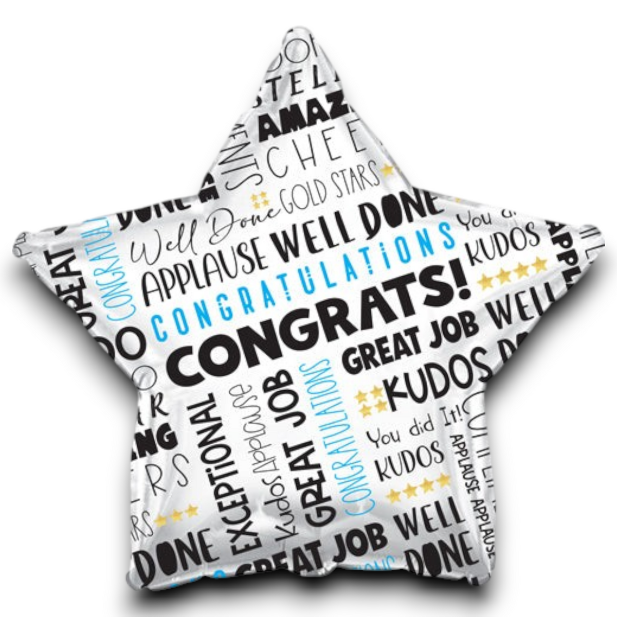 Star foil balloon in black with blue lettering and gold stars, Congrats