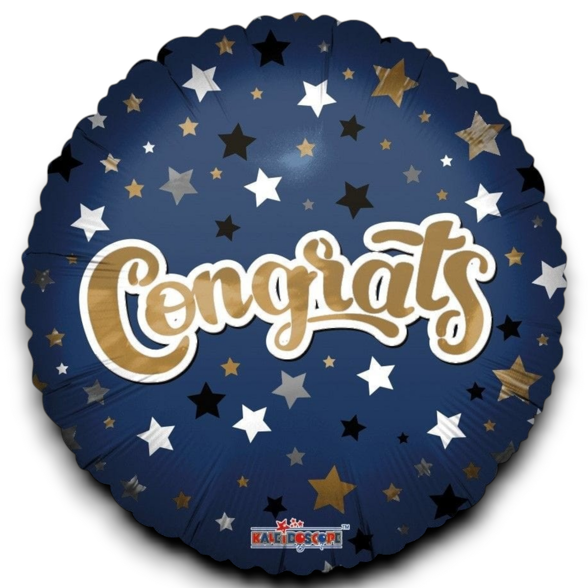 Round foil balloon with Congrats lettering and gold, white star print
