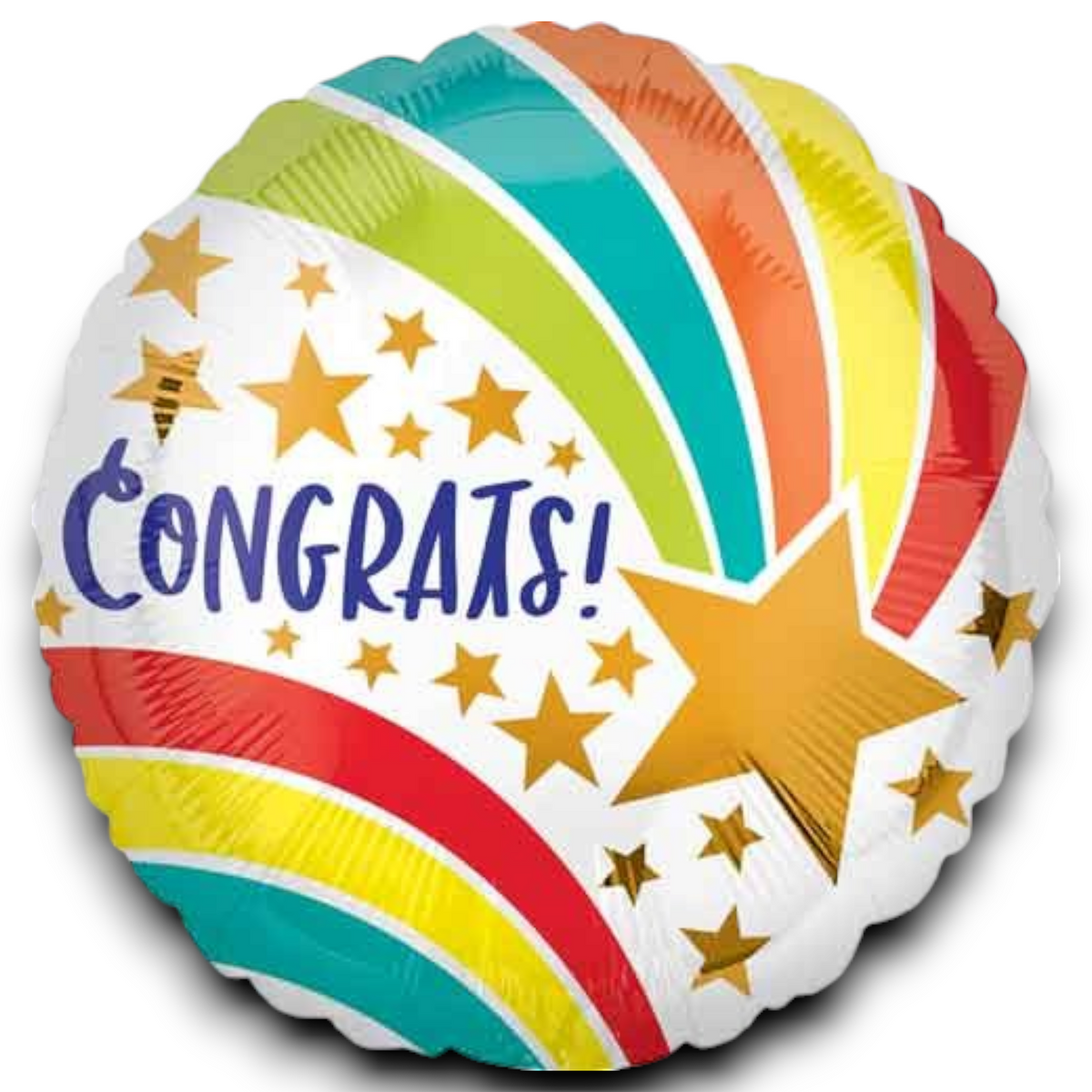 Foil congratulation balloon with 'Congrats!' text, shooting star and gold stars on stripes