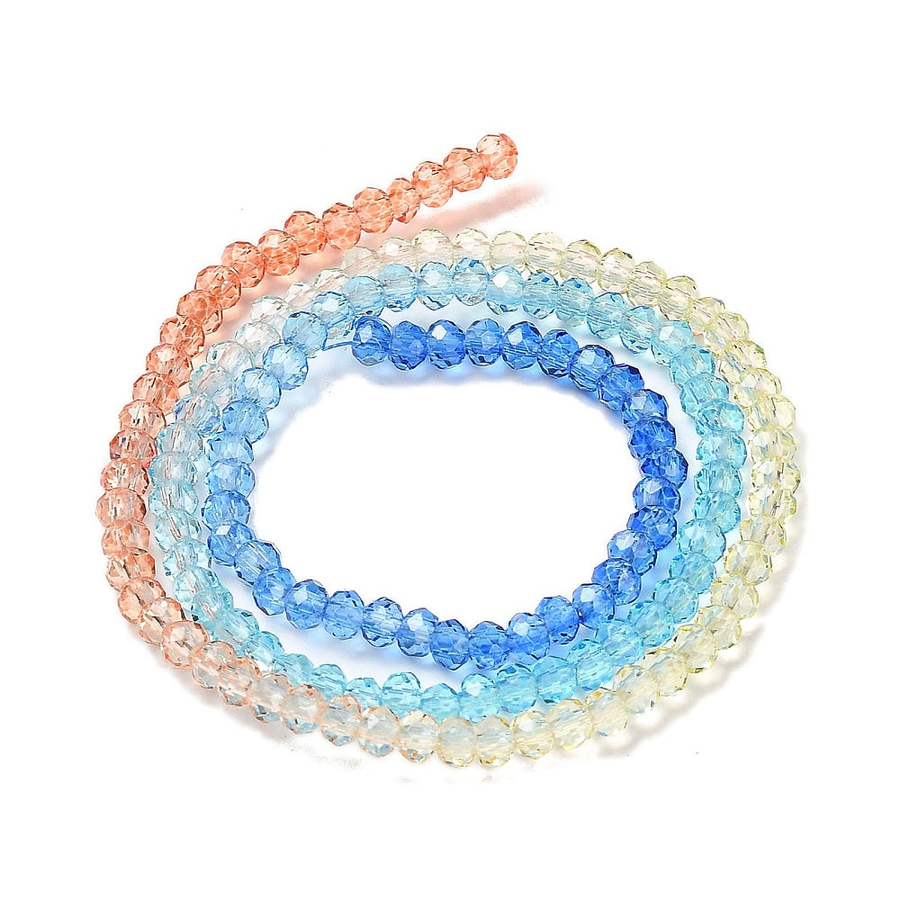 Transparent faceted glass rondelle bead strands, blue, aqua, pale yellow, and peach mix.