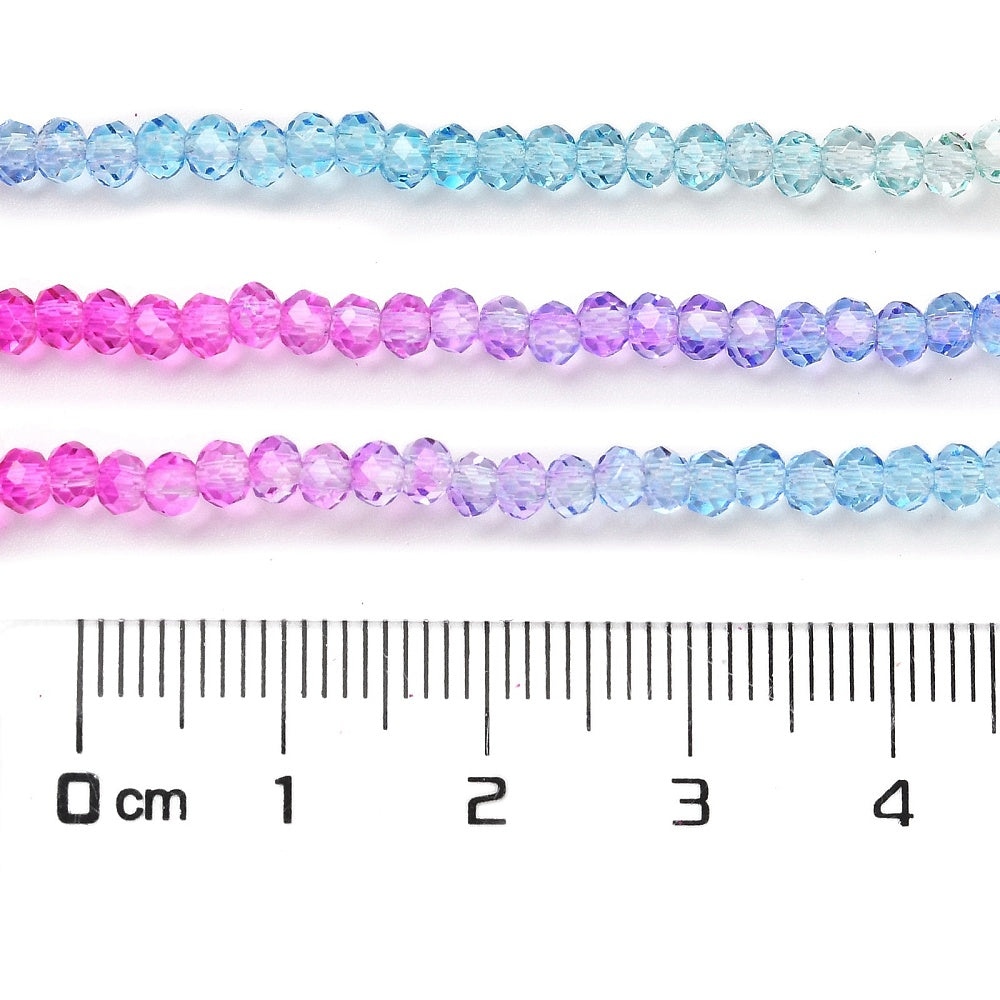 Transparent faceted glass rondelle bead strand mix in blue, purple, and fuchsia