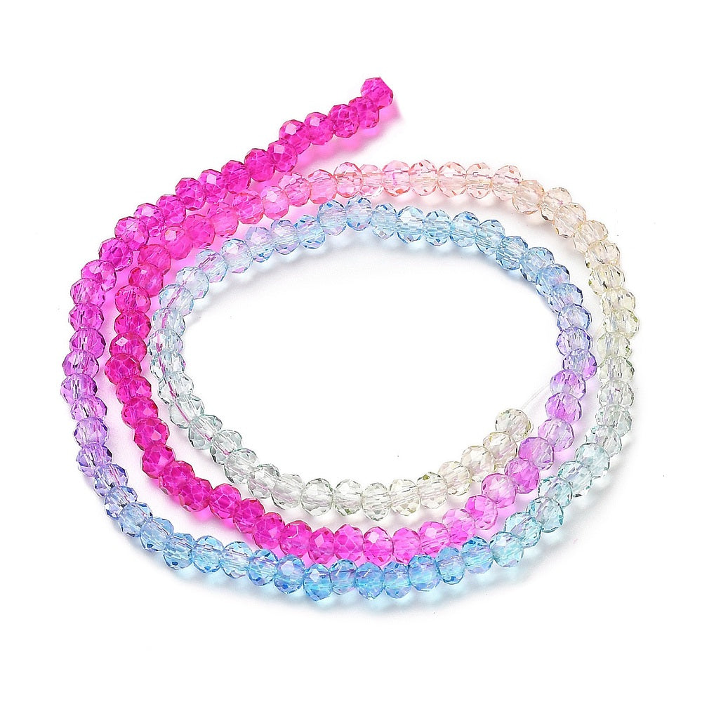 Looped faceted glass rondelle bead strands in fuchsia, lavender, and light blue