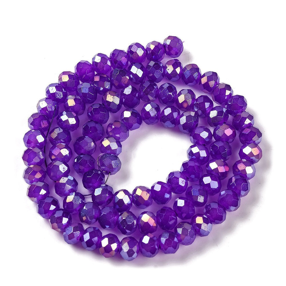 Faceted rondelle glass bead strand, blue-violet AB finish, looped for display