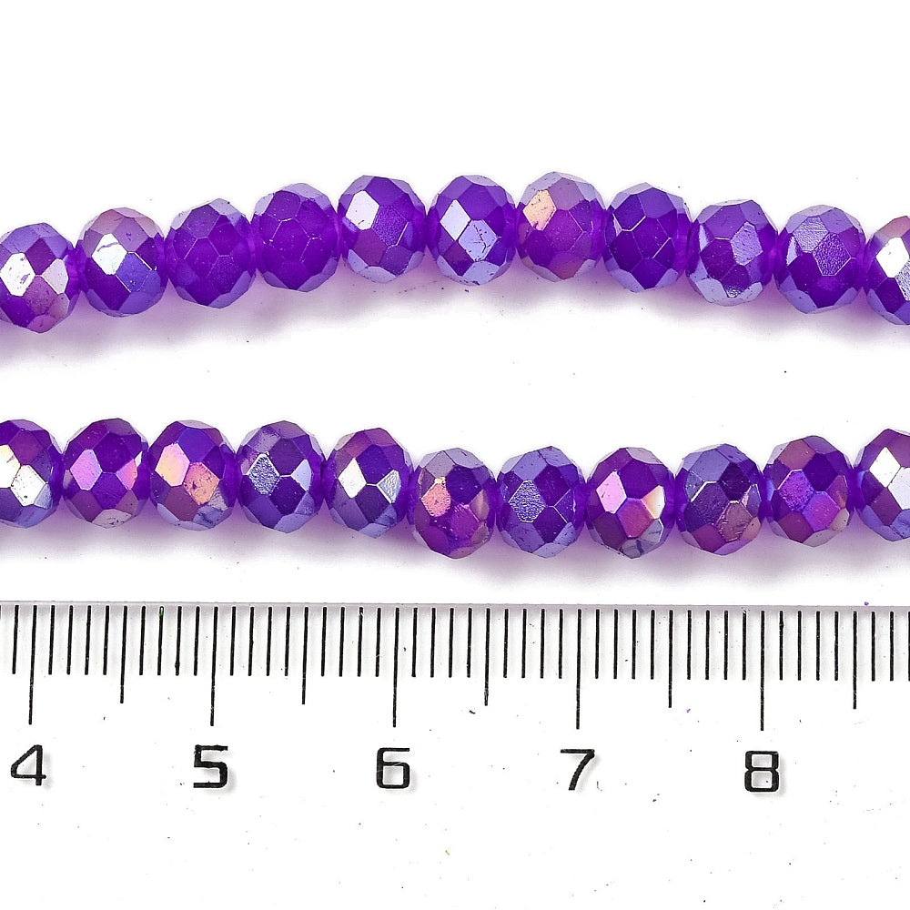 Faceted blue-violet rondelle glass beads strand with ruler scale, AB finish