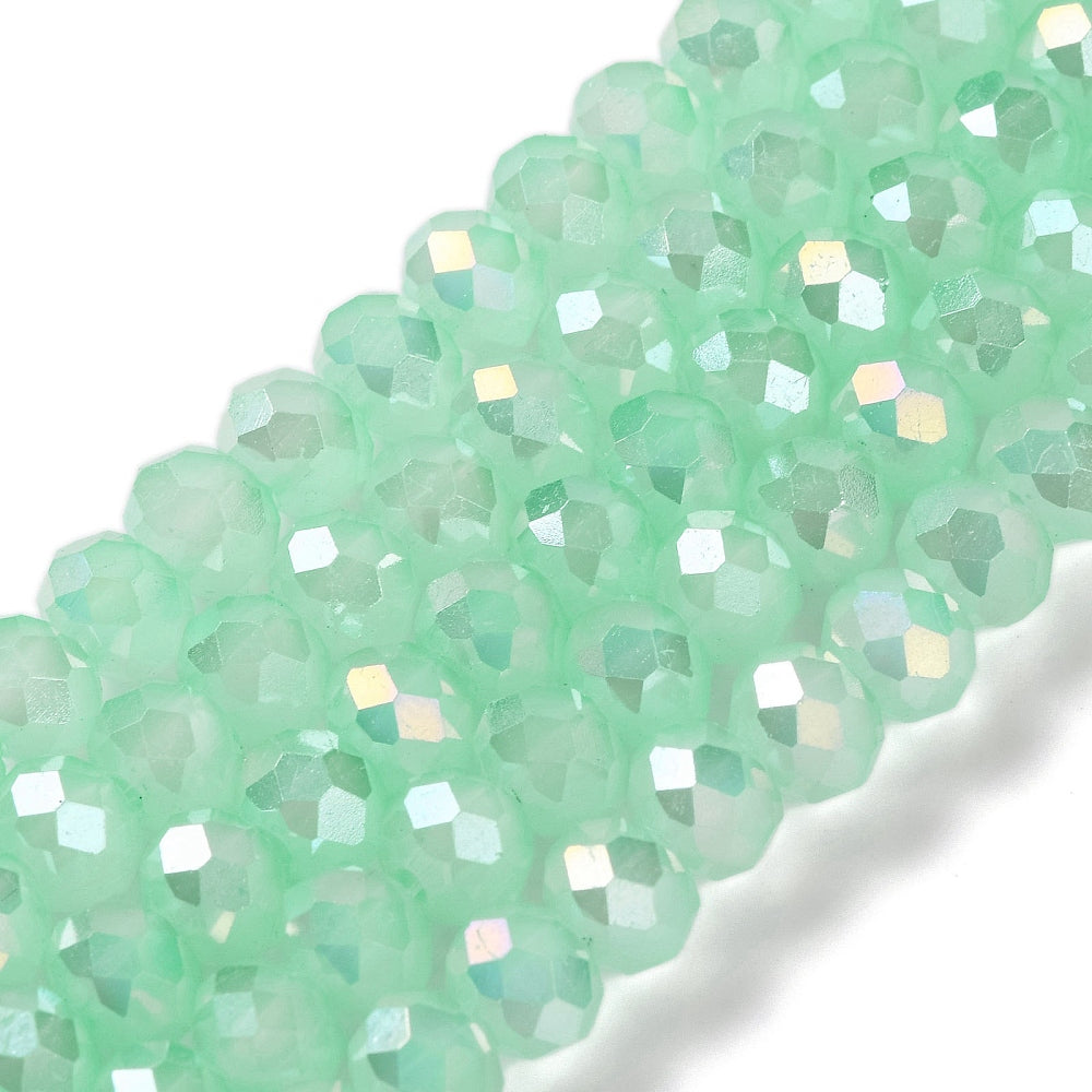 Faceted aquamarine glass rondelle bead strand with iridescent AB finish, 10x8mm