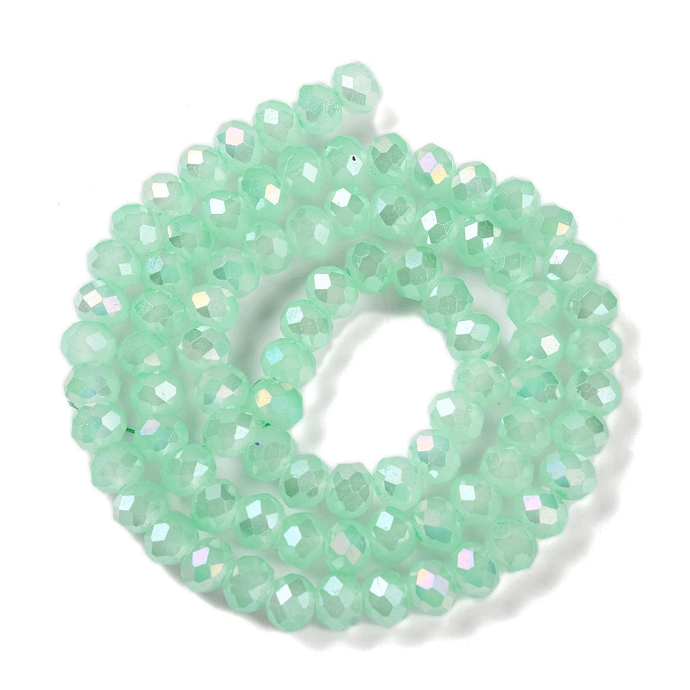 Faceted aquamarine glass rondelle beads strand, iridescent AB shine, round shape