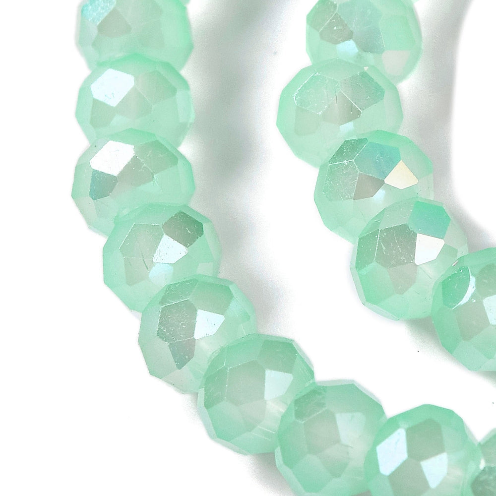 Faceted aquamarine glass rondelle beads, iridescent AB coating, side view details