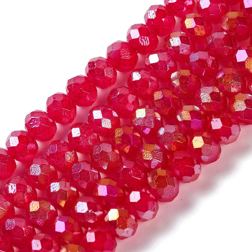 Fuchsia faceted glass rondelle beads strand with AB iridescent metallic highlights
