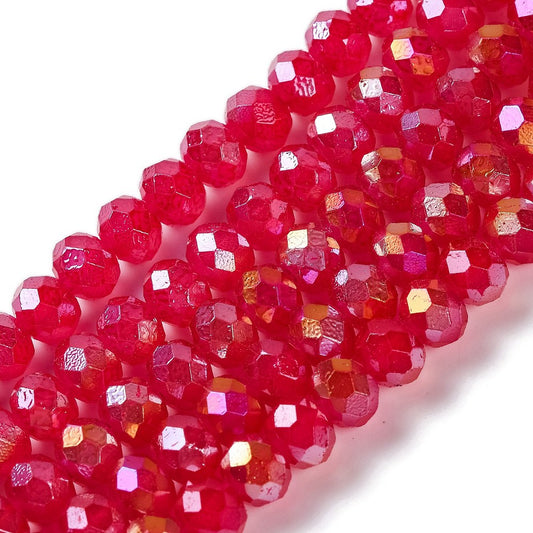 Fuchsia faceted glass rondelle beads strand with AB iridescent metallic highlights
