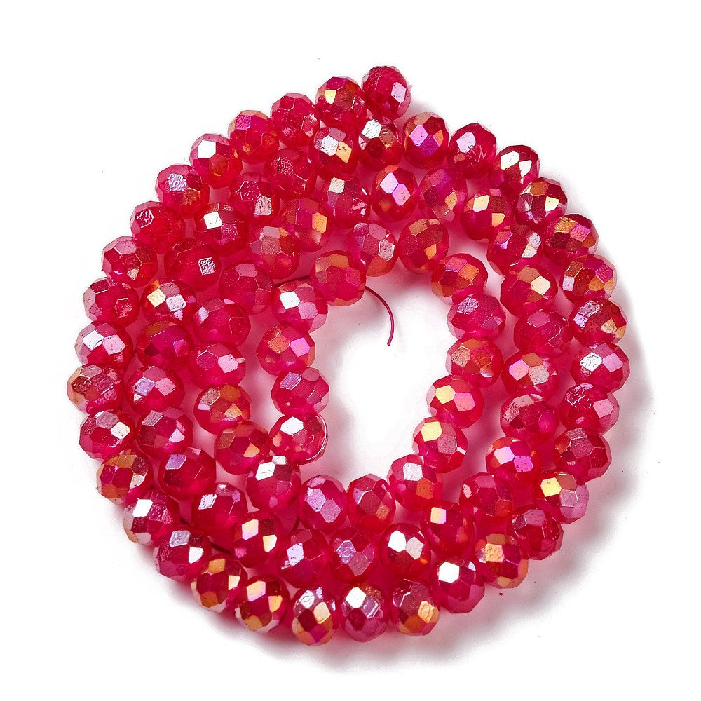 Fuchsia faceted glass rondelle beads strand, looped with AB metallic shine