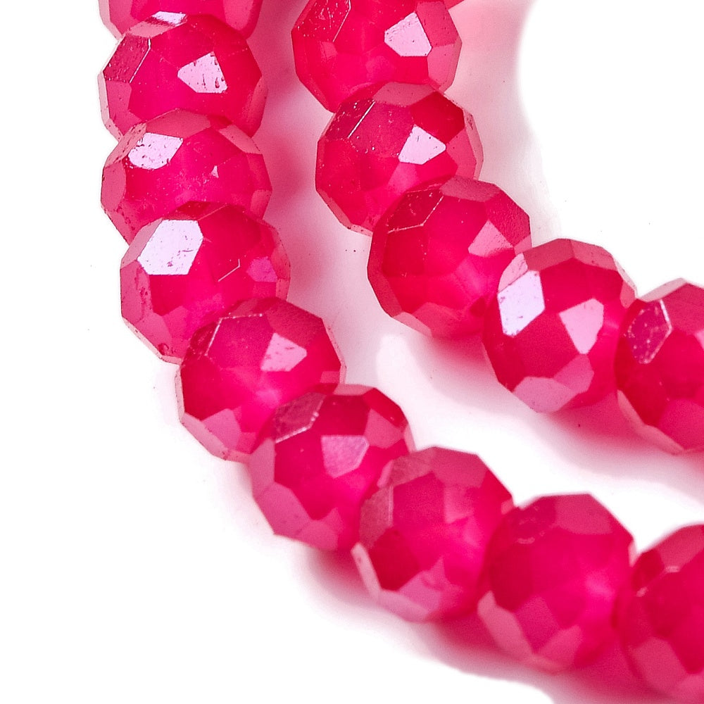Fuchsia faceted glass rondelle beads with AB rainbow-gold iridescent coating