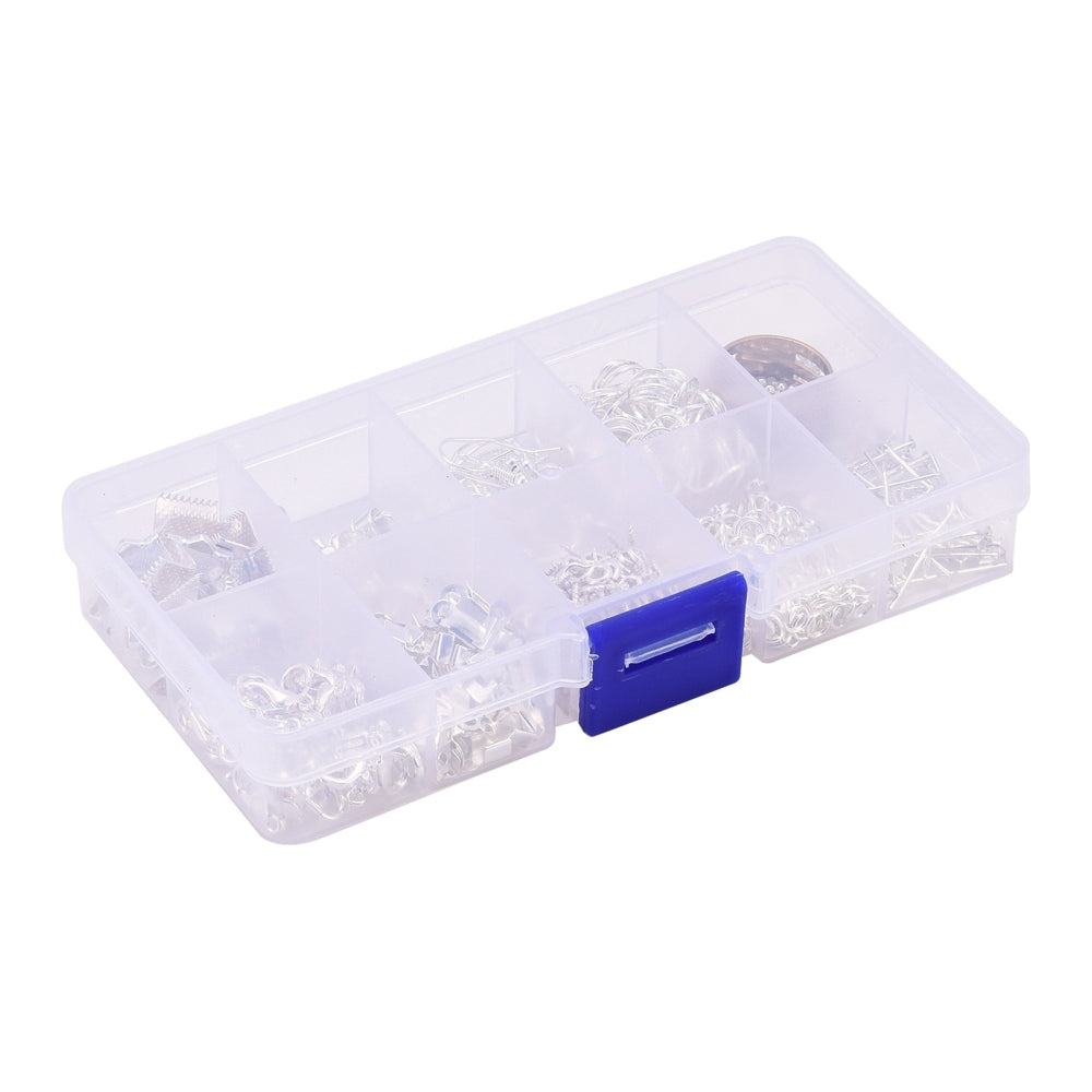 Clear organizer box with small silver-tone jewelry findings and bead crimps