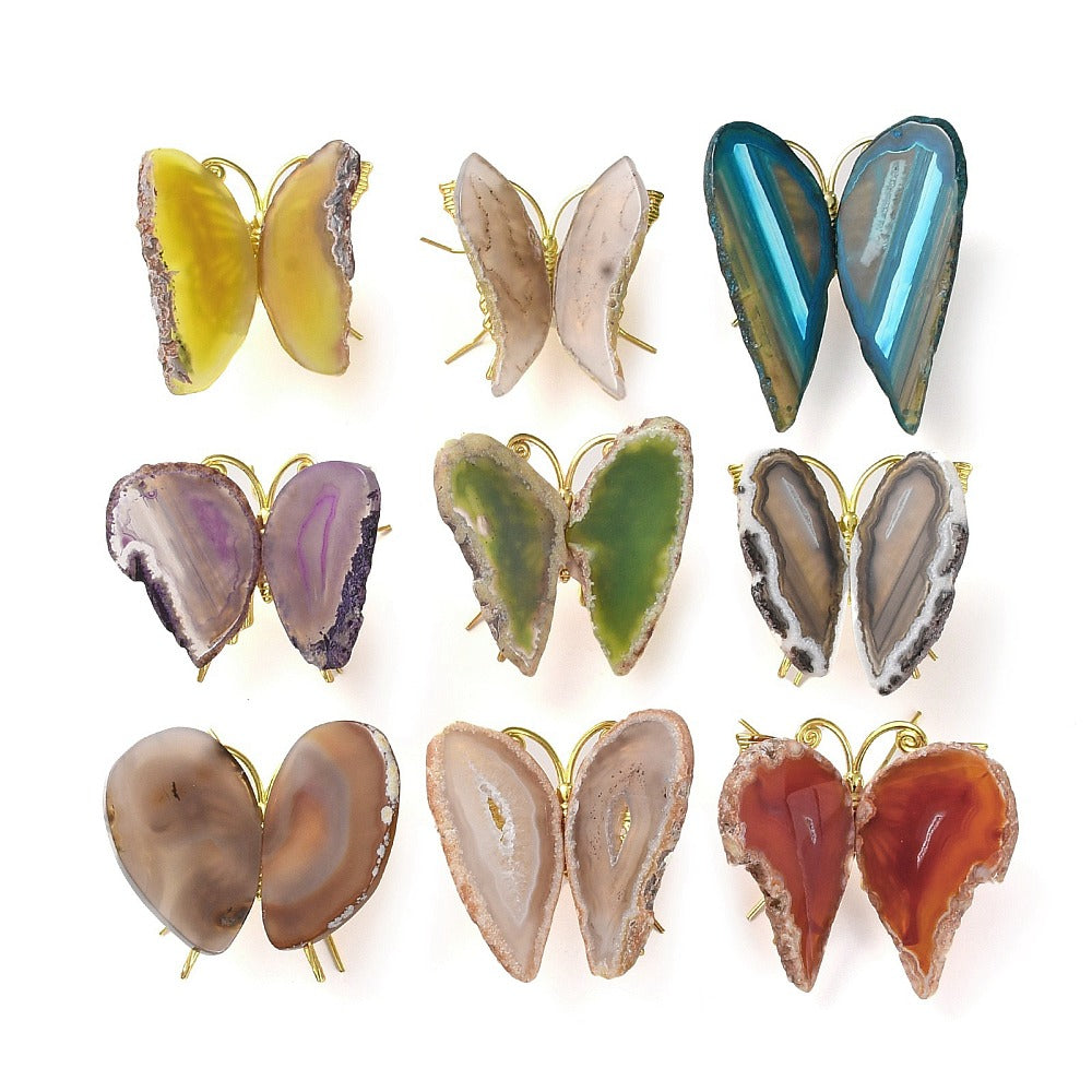 Agate butterfly display decoration set with brass hooks, mixed colored hearts shapes
